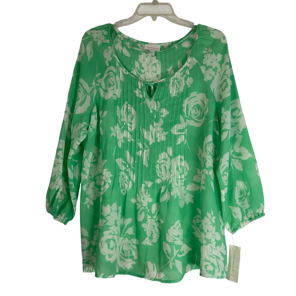 Charter Club Petite XL Green White Floral Pintuck Blouse 3/4 Sleeve NWT